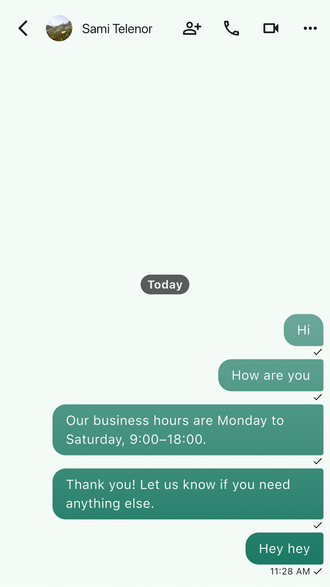 Chat thread with teal message bubbles, voice and video call actions in the header