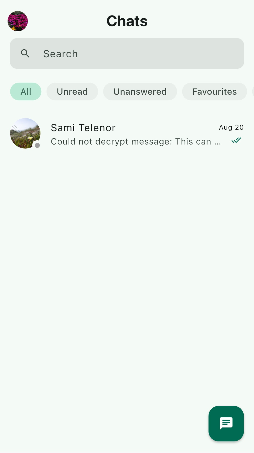 Chats list with search and All / Unread / Unanswered / Favourites filters