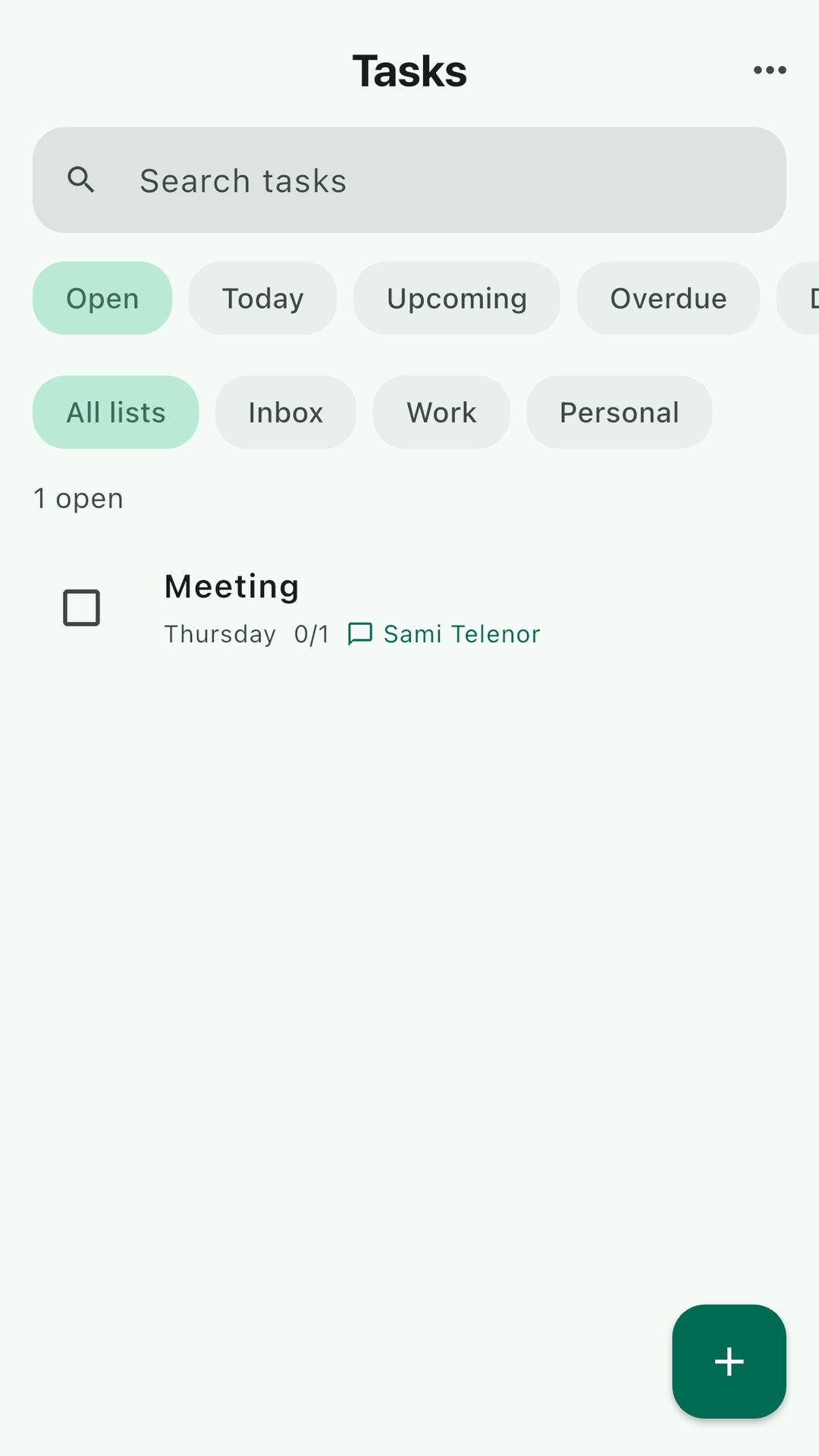 Tasks screen with Open / Today filters and a chat-linked meeting task
