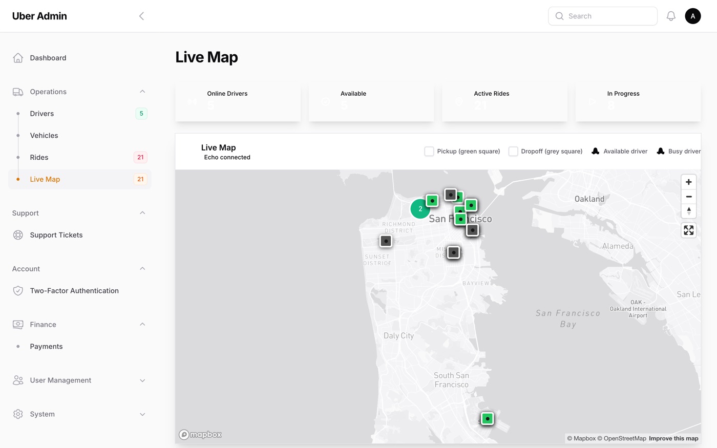Live operations map showing online and busy drivers across the city in real time
