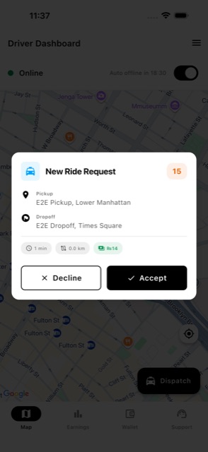 Driver app incoming ride offer sheet with fare, distance, and accept/decline actions