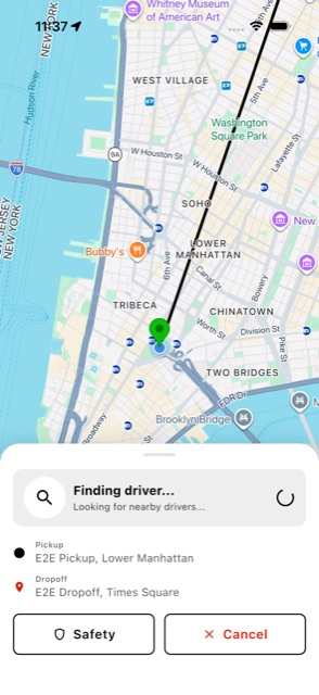 Rider app live map while a nearby driver is being matched to the trip