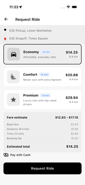 Rider app fare estimate screen with Economy, Comfort, and Premium vehicle options and a fare breakdown